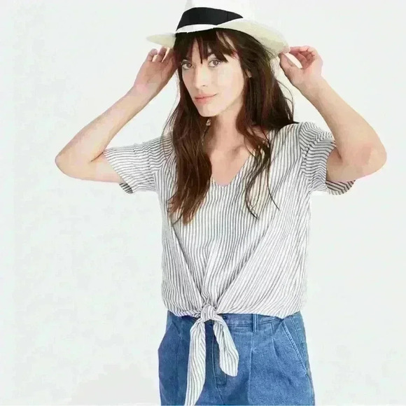 Madewell Novel Tie-Front Top in Stripe XXS Short Sleeve Blouse Viscose - Picture 1 of 13